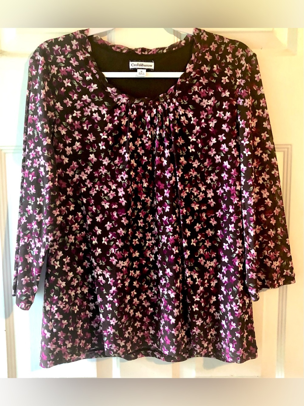 Vintage Croft & Barrow Brown Purple Floral Scalloped Neck Semi Sheer Blouse XL